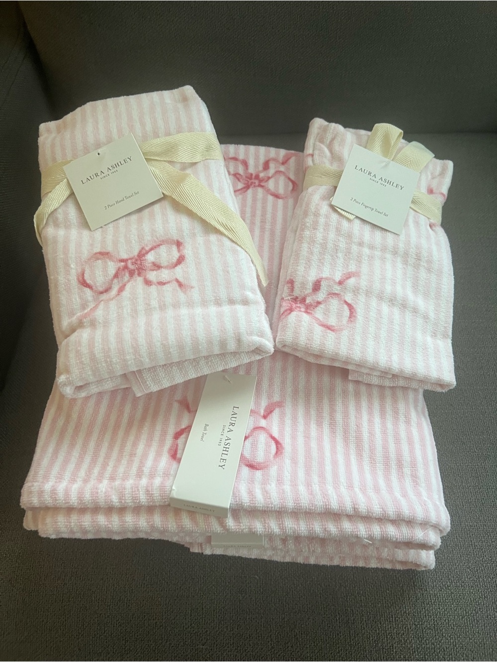 Laura Ashley Pink Bows Stripe Bath Towel Set bath, hand and finger towels - NEW